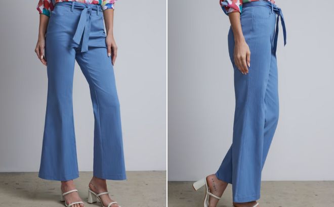 Woman is Wearing a High Waisted Tie Waist Flare Pant in Light Wash Color