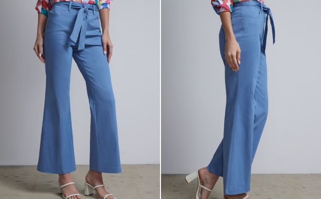 Woman is Wearing a High Waisted Tie Waist Flare Pant in Light Wash Color Woman is Wearing a High Waisted Tie Waist Flare Pant in Light Wash Color