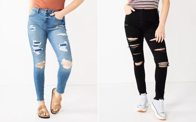 Woman is Wearing a Juniors SO Super High Rise Jeggings in Med Destructed Color on the Left Side and in Black Color on the Right Side Woman is Wearing a Juniors SO Super High Rise Jeggings in Med Destructed Color on the Left Side and in Black Color on the Right Side