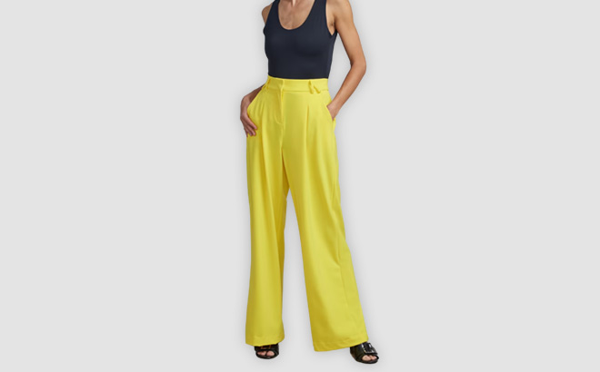 Woman is Wearing a New York and Company Wide Leg Pants in Yellow Zing Color Woman is Wearing a NY Company Wide Leg Pants in Yellow Zing Color