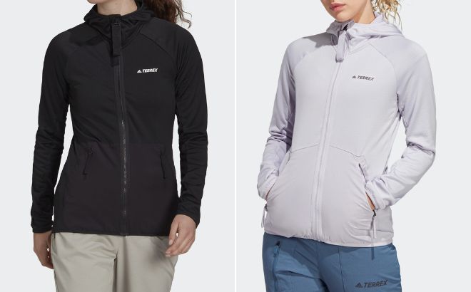 Women are Wearing Adidas Terrex Tech Fleece Light Hooded Hiking Jacket in Black and Silver Color