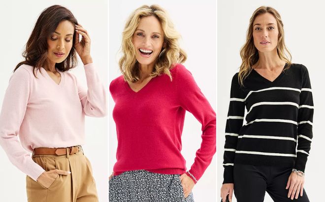 Women are Wearing Croft Barrow Extra Soft V Neck Sweater in Barely Pink Heather Berry and Black White Stripe Colors
