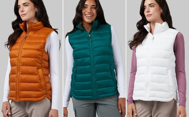 Women are Wearing a Lightweight Recycled Poly Fill Packable West in Pumpkin Spice Forest Biome and White Colors Women are Wearing a Lightweight Recycled Poly Fill Packable West in Pumpkin Spice Forest Biome and White Colors