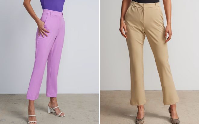 Women are Wearing a NY and Company Flared Ankle Length Pants in Violet Naples and Warm Sand Color