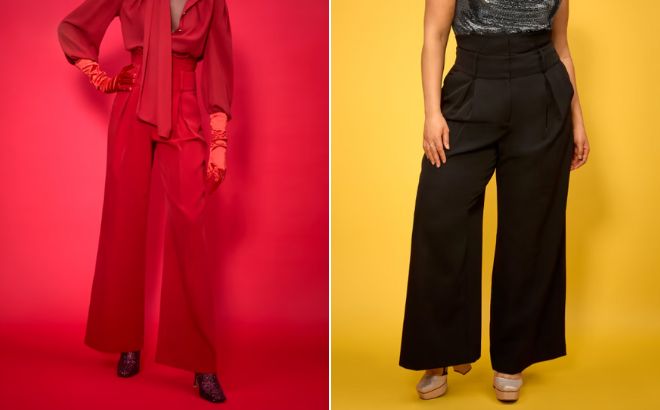 Women are Wearing a NY and Company Paperbag Waist Wide Leg Pant in Coco Red and Black Color