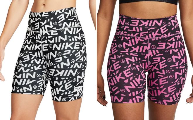 Women are Wearing Nike One Printed Midrise Bike Shorts in Photon Dust Color on the Left Side and in Cosmic Fuchsia Color on the Right Side