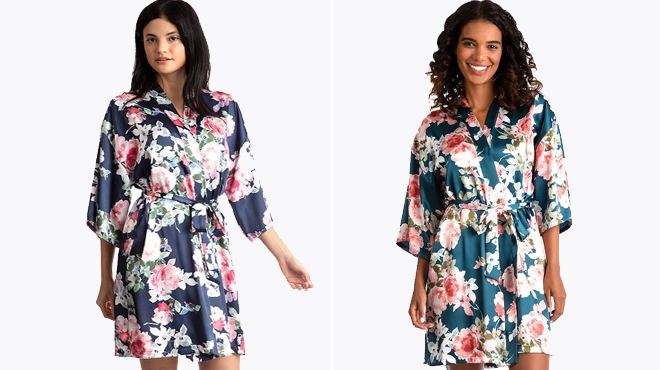 Womens LilacLondon Print Satin Wrap Robes in Navy and Hunter Green Womens LilacLondon Print Satin Wrap Robes in Navy and Hunter Green