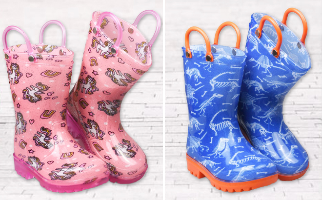 Zoogs Girls Coral Unicorn Hearts Rain Boots and Boys Blue Orange Dino Skeletons Rain Boots