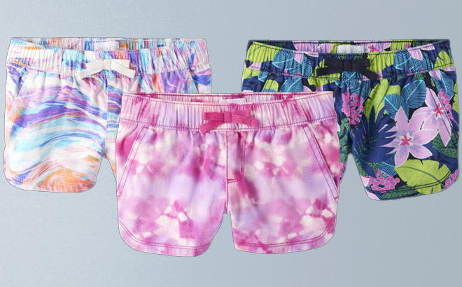 an Image of Three Different Colors of The Childrens Place Girls Print Twill Pull On Shorts