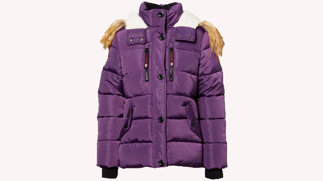 an Image of a Canada Weather Gear Womens Blackberry Wine Brown Faux Fur Hood Puffer Coat