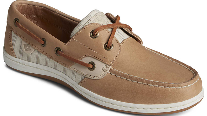 an Image of a Sperry Womens Koifish Stripe Boat Shoes Tan Color