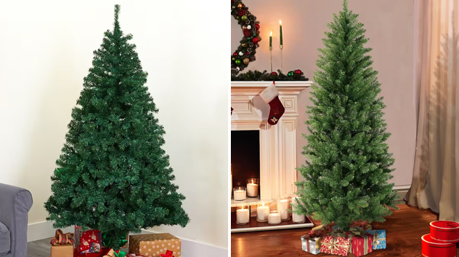 6 Foot Unlit Pine Artificial Christmas Tree on the Left and 5 Foot Pine Artificial Christmas Tree on the Right
