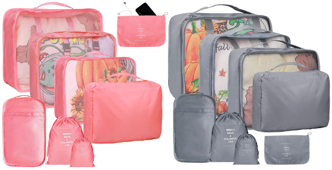 8 Piece Packing Cube Set in Pink Color on the Left and Grey on the Right