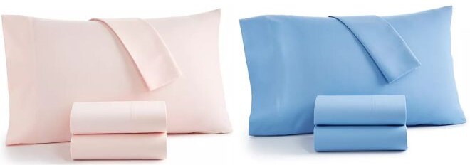 A Easy Care Solid Microfiber Sheet Set in Pink Dogwood Color on the Left Side and in Blue Throne on the Right Side