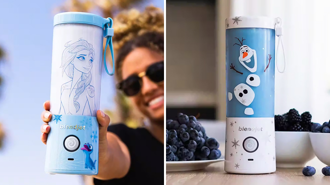 A Hand Holding BlendJet Disney Frozen Elsa Blender on the Left and Olaf on the Right