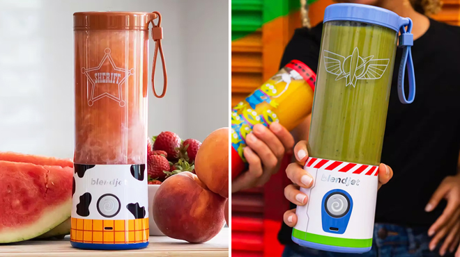 A Hand Holding BlendJet Disney Pixar Woody Blender on the Left and Buzz on the Right