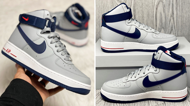 A Hand Holding Nike Air Force 1 High Womens Shoes on the Left and a Pair of the Same Item on the Right