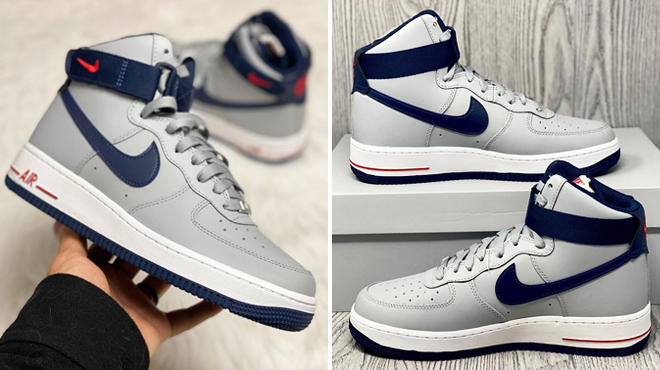 A Hand Holding Nike Air Force 1 High Womens Shoes on the Left and a Pair of the Same Item on the Right A Hand Holding Nike Air Force 1 High Womens Shoes on the Left and a Pair of the Same Item on the Right