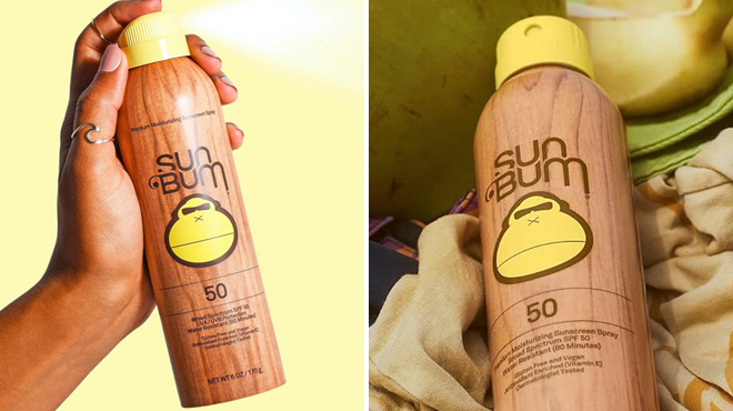 A Hand Holding Sun Bum SPF 50 Sunscreen Spray on the Left and Same Item at Rest on the Right