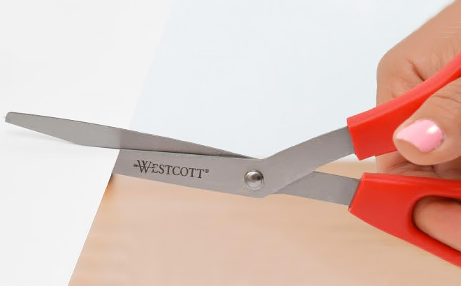 A Hand Holding Westcott 8 Inch All Purpose Scissors in Red Color