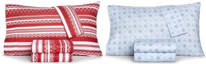 A Holiday Printed Microfiber Sheet Set in Blue Snowflake Color on the Left Side and in Red Fair Isle Color on the Right Side