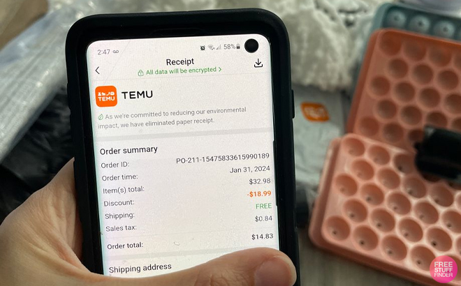 A Person Holding an iPhone with the Temu App Checkout Page Opened A Person Holding an iPhone with the Temu App Checkout Page Opened