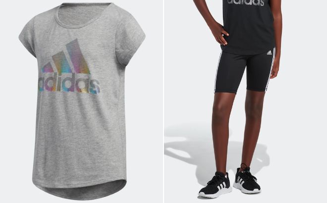 Adidas Kids Scoop Neck Tee on the Left Side and Adidas Kids 3 Stripes Bike Shorts on the Right Side
