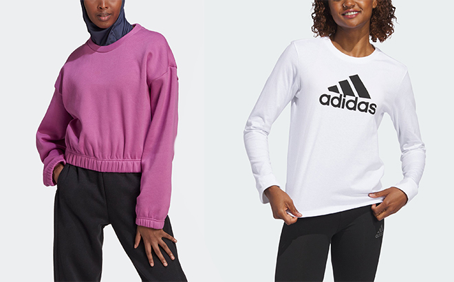Adidas Womens Studio Lounge Loose Fit Sweatshirt and Adidas Womens Sportswear Logo Long Sleeve Tee