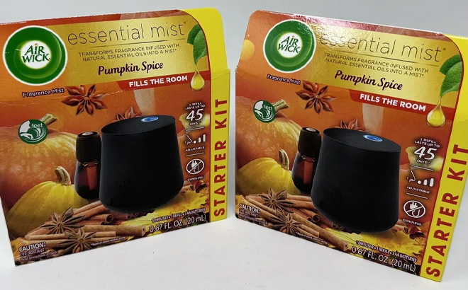 Air Wick Pumpkin Spice Essential Mist Starter Kit on the Table