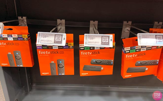 Amazon Fire TV Sticks on rack at Best Buy