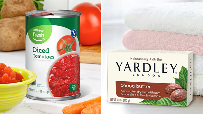 A Photo of Amazon Fresh Diced Tomatoes on the Left and Yardley Moisturizing Cocoa Butter Bath Soap Bar on the RIght