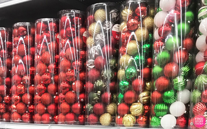 Ashland Christmas Ornaments in Various Colors on a Shelf