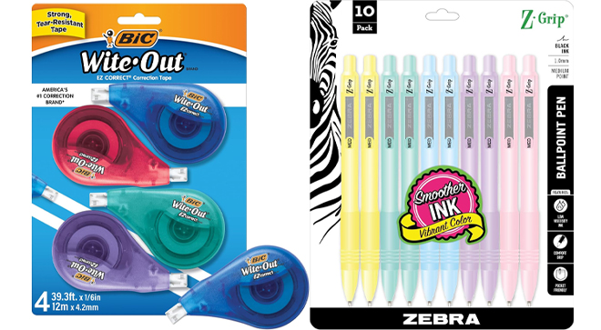 BIC Wite Out Brand EZ Correct Correction Tape and Zebra Pen Z Grip Pastel Retractable Ballpoint Pens