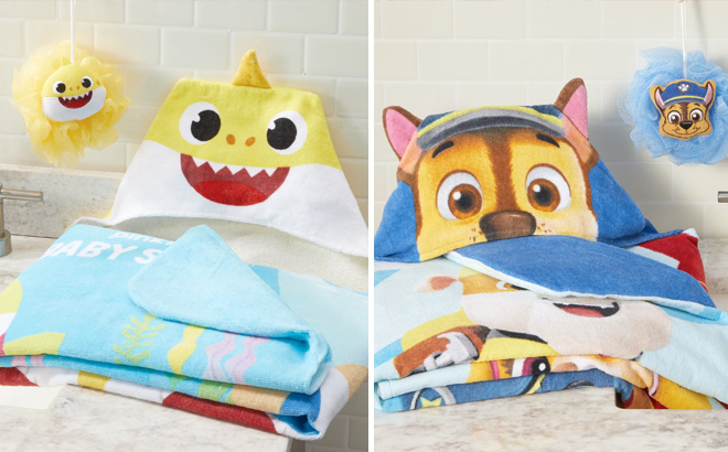 Baby Shark Kids Hooded Towel and Character Loofah Set and PAW Patrol Kids Hooded Towel and Character Loofah Set
