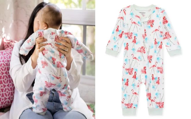 Baby is Wearing Burts Bee Floridian Flamingos Organic Baby Sleep Play