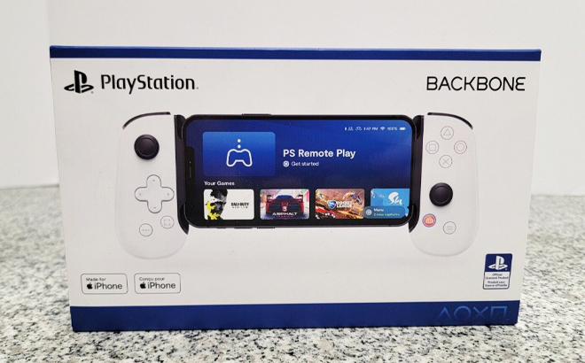 Backbone One PlayStation Edition Mobile Gaming Controller for iPhone in Original Packaging on a Countertop