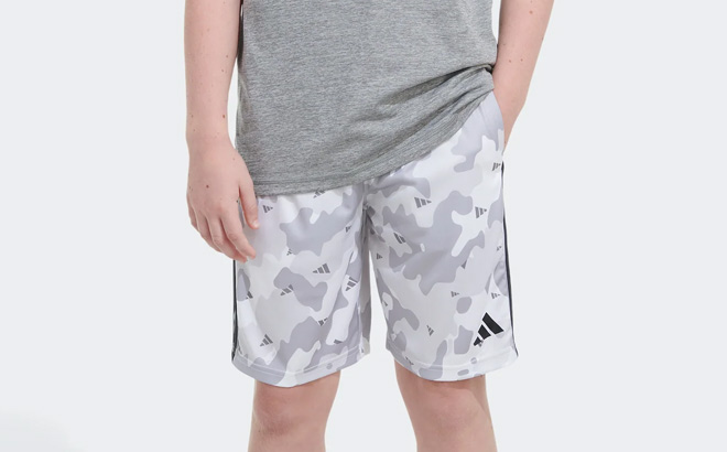 Boy is Wearing Adidas Kids Camo Short Aop in White Color