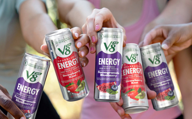 Cans of V8 Plus Energy Drink