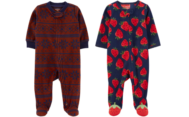Carters Baby Aztec Print 2 Way Zip Fleece Sleep Play Pajamas and Baby Strawberry Zip Up Fleece Sleep Play Pajamas