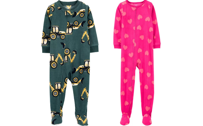 Carters Toddler 1 Piece Construction Fleece Footie Pajamas and Kid 1 Piece Hearts Fleece Footie Pajamas