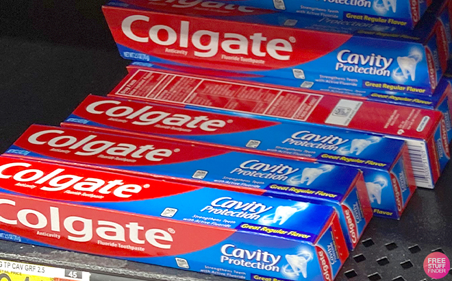 Colgate Cavity Protection Toothpaste on a Shelf Colgate Cavity Protection Toothpaste on a Shelf