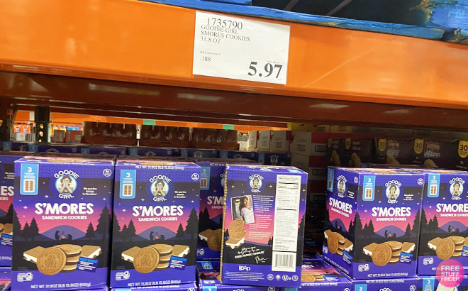 Five Boxes of Goodie Girl Smores Cookies on a Shelf at Costco