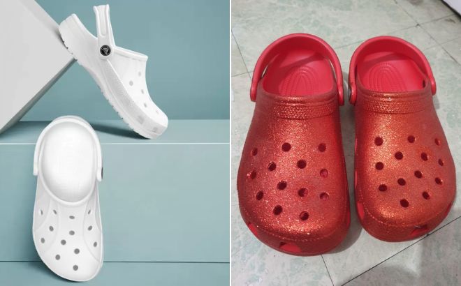 Crocs Baya Platform Clog in White Color on the Left Side and Crocs Classic Glitter Clog in Flame Color on the Right Side