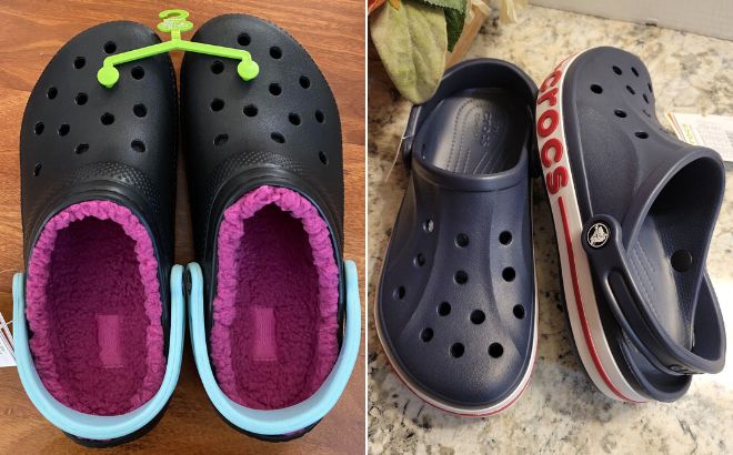 Crocs Classic Lined Clog in Multi Color on the Left Side and Crocs Bayaband Clog in Navy Pepper color on the Right Side