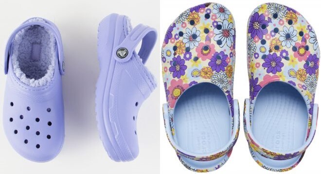 Crocs Toddler Classic Lined Clog in Digital Violet Color on the Left Side and Crocs Kids Classic Retro Floral Clog in Blue Calcite Color on the Right Side