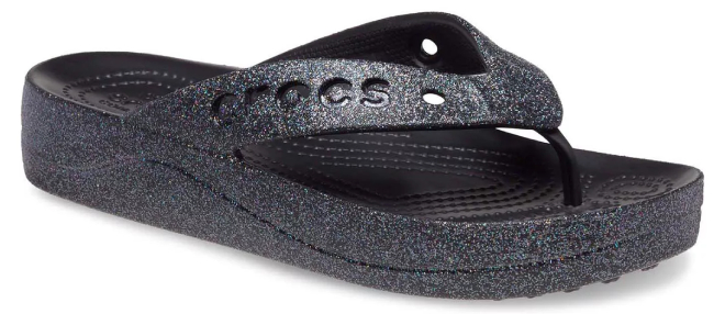 Crocs Womens Baya Platform Glitter Flip Sandals in Black Color