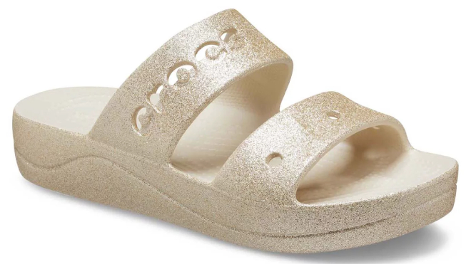 Crocs Womens Baya Platform Glitter Flip Sandals in Winter White Color