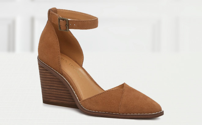 Crown Vintage Doriss Wedge Pump in Graham Crust Tan Color on the Table