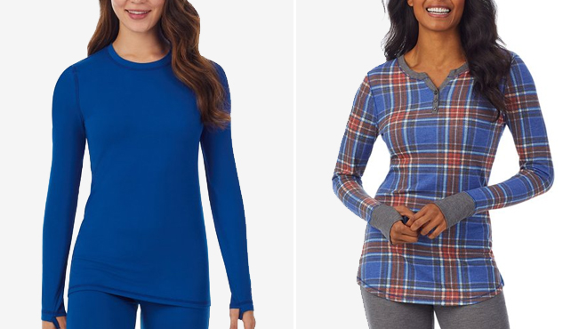 Cuddl Duds Plaid Thermal Long Sleeve Split V Neck and Crewneck Top Long Sleeve