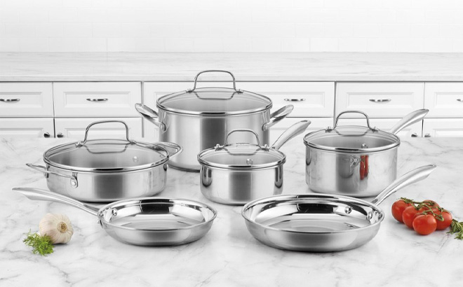 Cuisinart Classic Tri Ply 10 pc Cookware Set on a Table